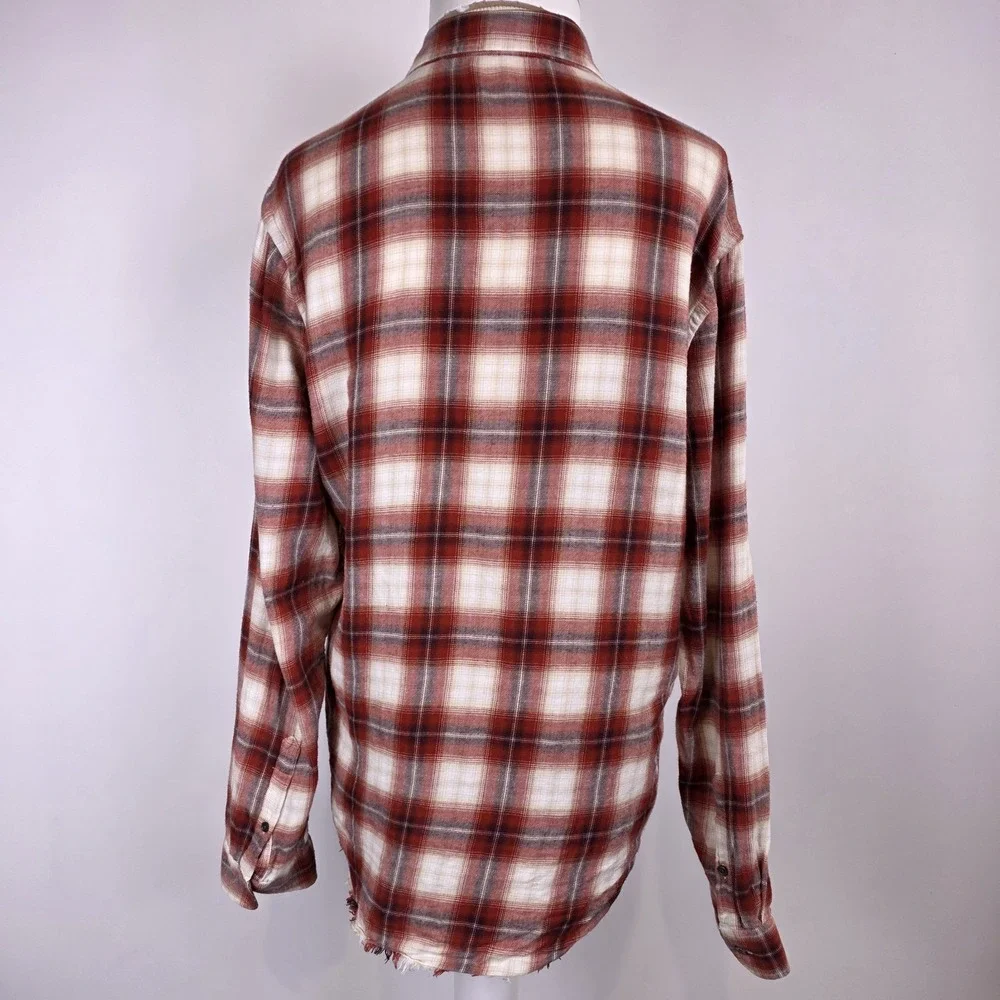 FRAME Slim Plaid Flannel Shirt Red Cream‎ Distressed Hem Button Up Medium - Picture 5 of 10
